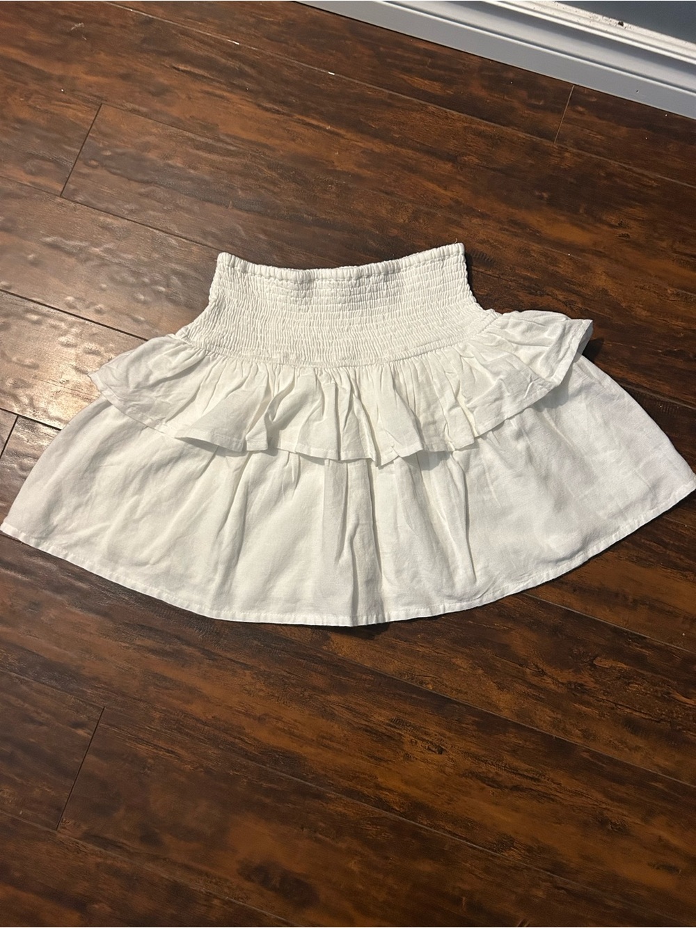 White Linen Smocked Ruffle Mini Skirt